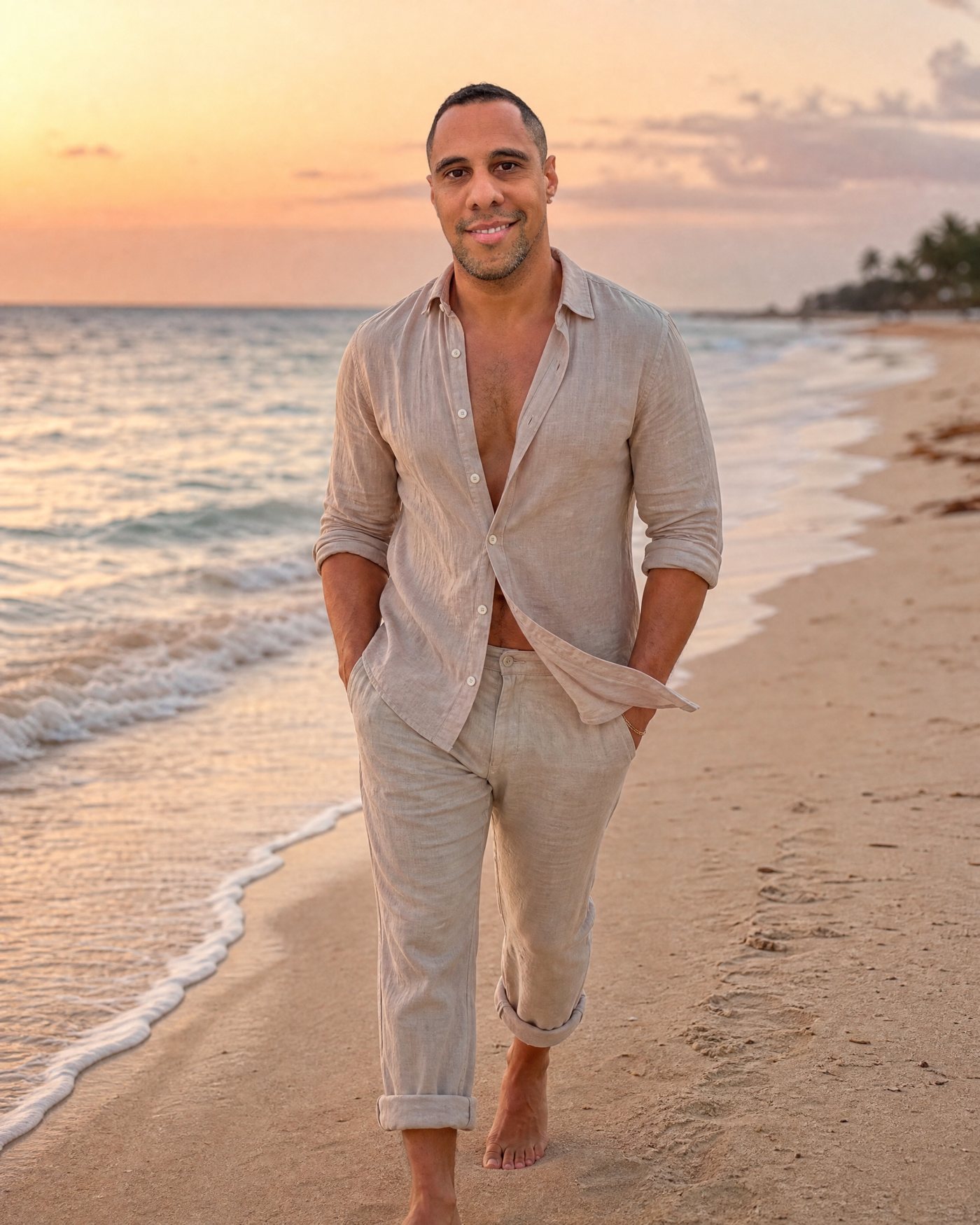 Gusti walking barefoot on the beach at sunrise
